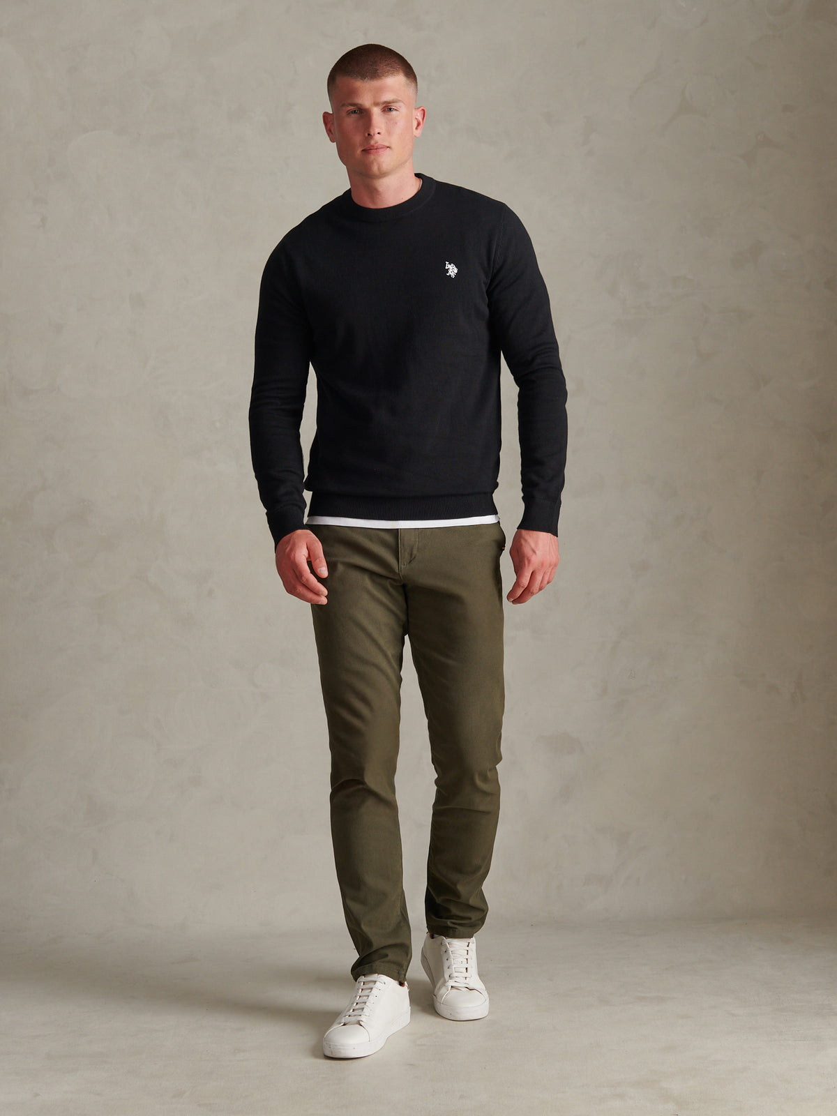Mens Double Horsemen Cotton Knit Crew Jumper Black Bright White DHM