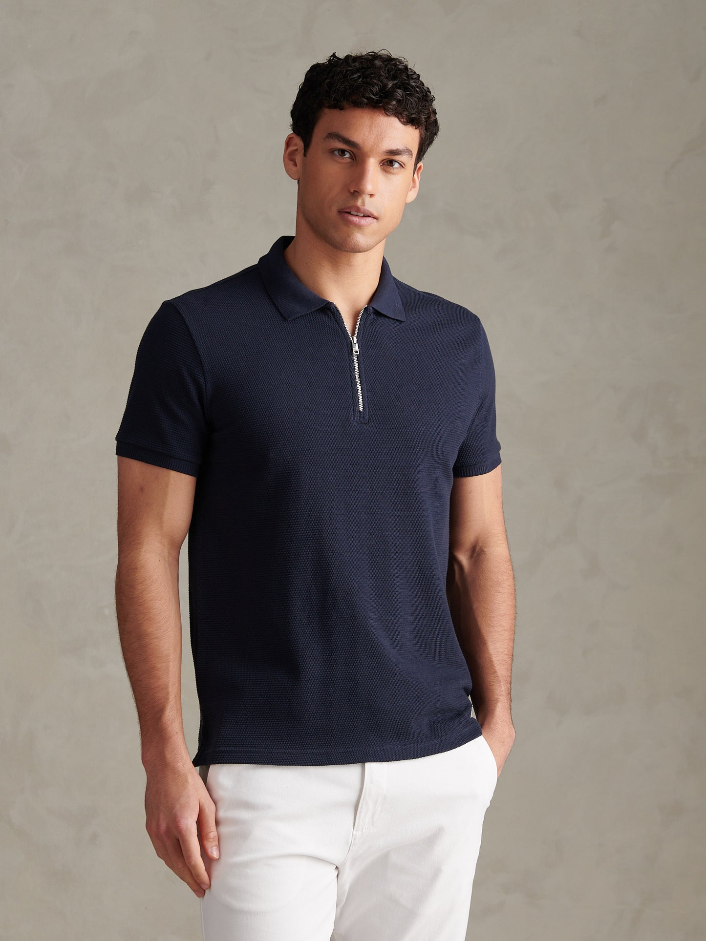Mens Popcorn Texture Zip Polo Shirt Dark Sapphire Navy