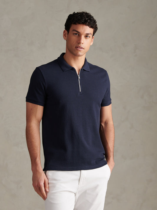 Mens Popcorn Texture Zip Polo Shirt Dark Sapphire Navy