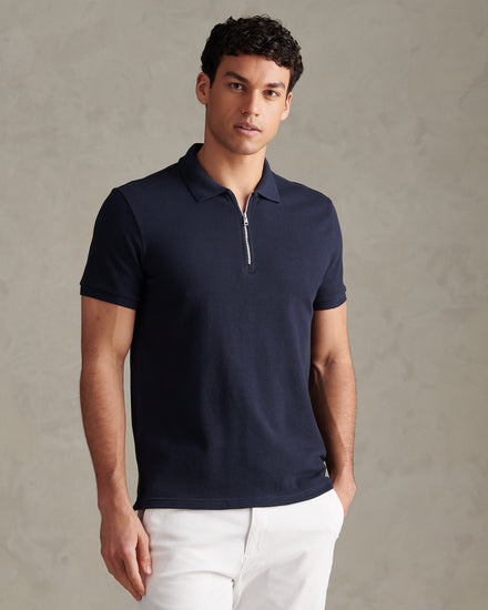 Mens Popcorn Texture Zip Polo Shirt Dark Sapphire Navy