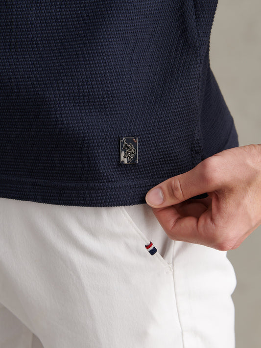 Mens Popcorn Texture Zip Polo Shirt Dark Sapphire Navy