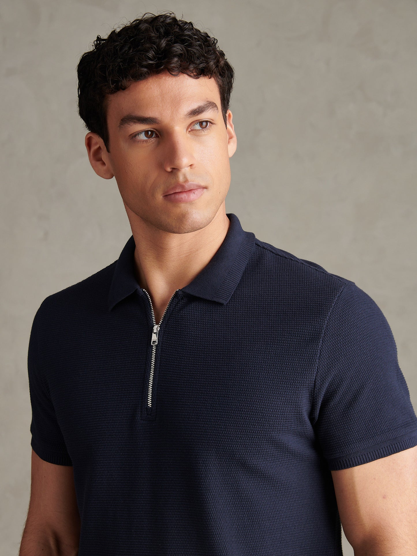 Mens Popcorn Texture Zip Polo Shirt Dark Sapphire Navy