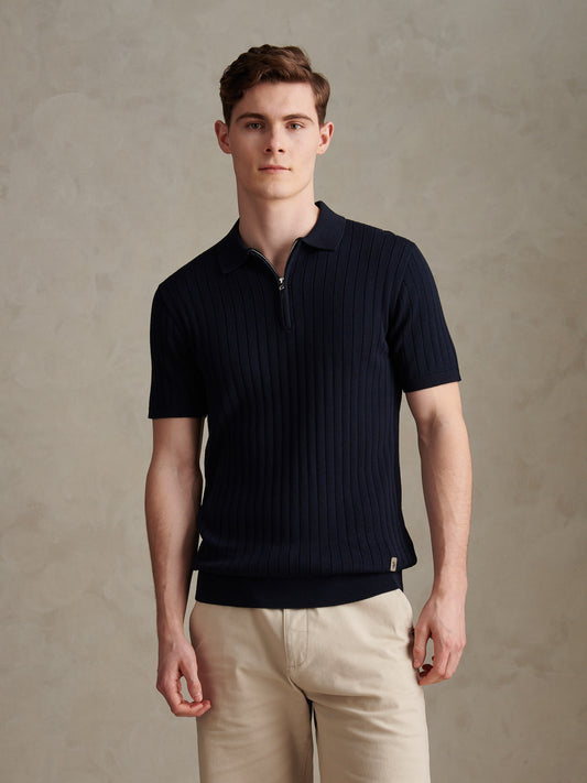 Mens Smart Textured Knit Quarter Zip Polo Shirt Dark Sapphire Navy