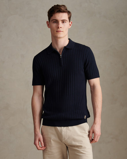 Mens Smart Textured Knit Quarter Zip Polo Shirt Dark Sapphire Navy