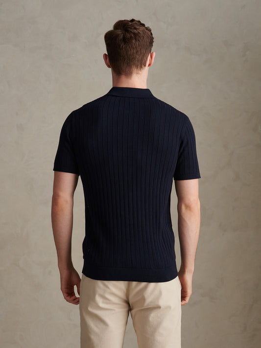 Mens Smart Textured Knit Quarter Zip Polo Shirt Dark Sapphire Navy