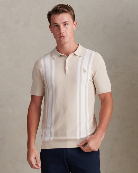 Mens Tonal Vertical Stripe Knit Polo Shirt Beige