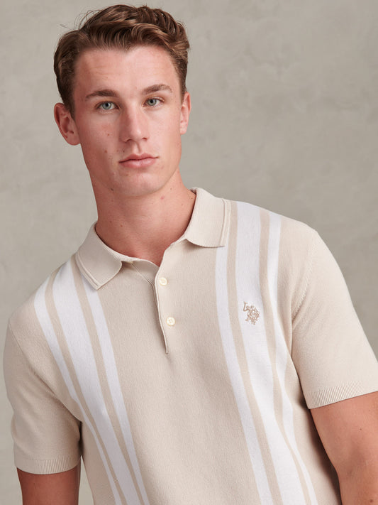 Mens Tonal Vertical Stripe Knit Polo Shirt Beige