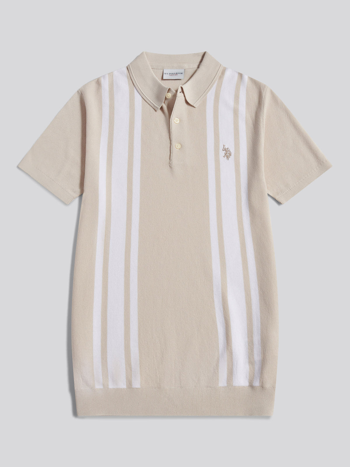 Mens Tonal Vertical Stripe Knit Polo Shirt Beige