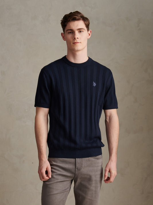 Mens Vertical Texture Knit T-Shirt Dark Sapphire Navy / Moonlight Blue DHM