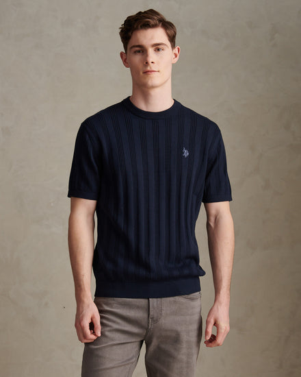 Mens Vertical Texture Knit T-Shirt Dark Sapphire Navy / Moonlight Blue DHM