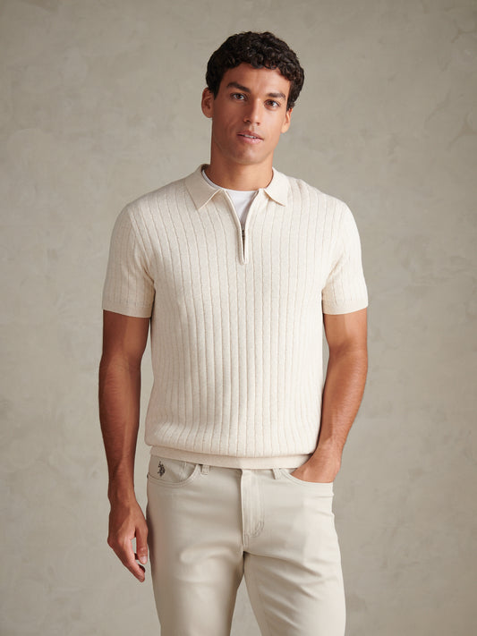 Mens Zip Knit Short Sleeve Polo Shirt Birch Marl