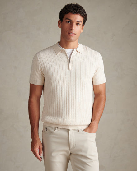 Mens Zip Knit Short Sleeve Polo Shirt Birch Marl