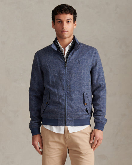 Mens Linen Blend Harrington Jacket Dark Sapphire Navy / Moonlight Blue DHM