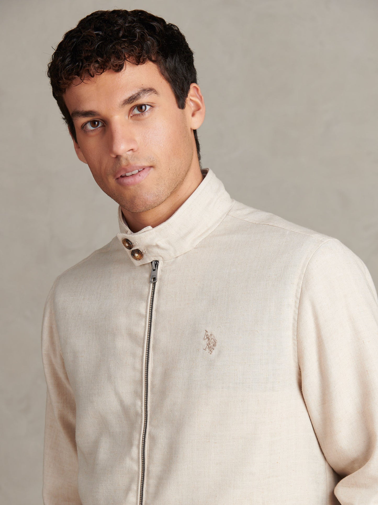Mens Linen Blend Harrington Jacket Beige