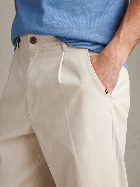 Mens Pleat Front Lightweight Chino Trousers Beige