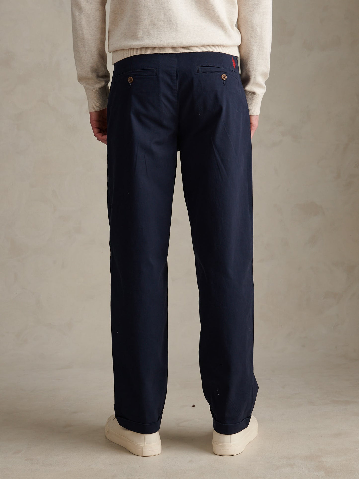 Mens Pleat Front Lightweight Chino Trousers Dark Sapphire Navy / Haute Red DHM