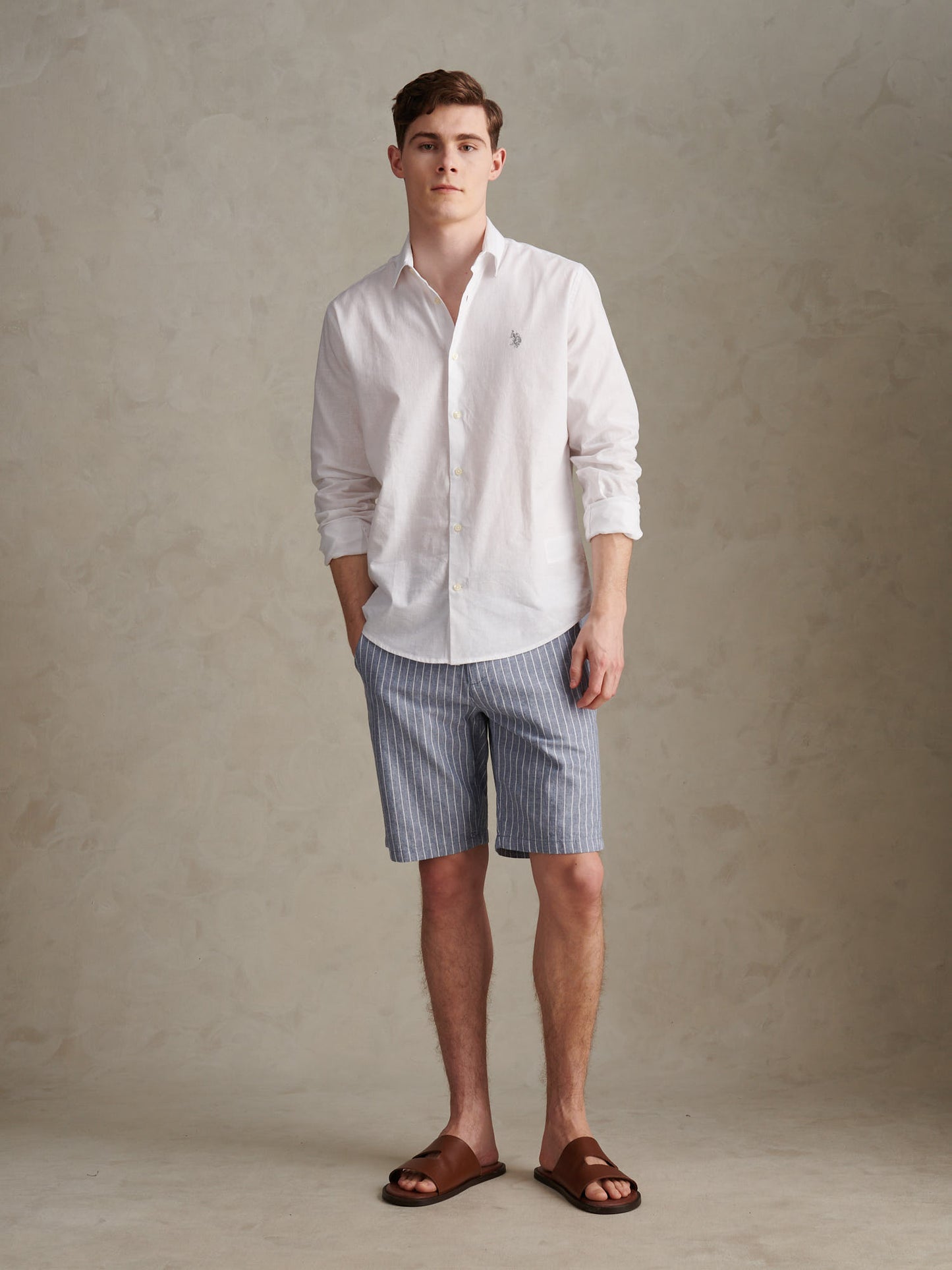 Mens Striped Linen Blend Chino Short Blue Horizon