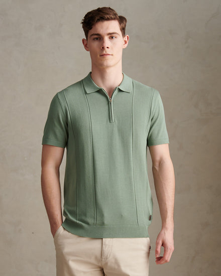 Mens Wide Texture Zip Knit Polo Shirt Green Bay