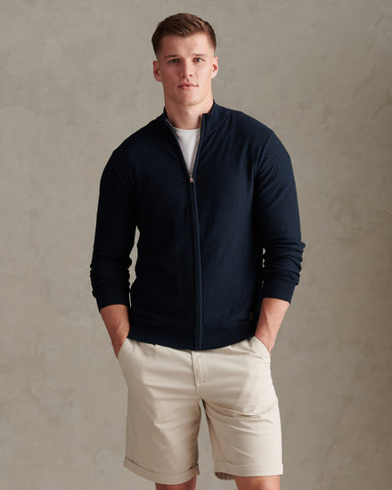 Mens Herringbone Full Zip Funnel Jumper Dark Sapphire Navy