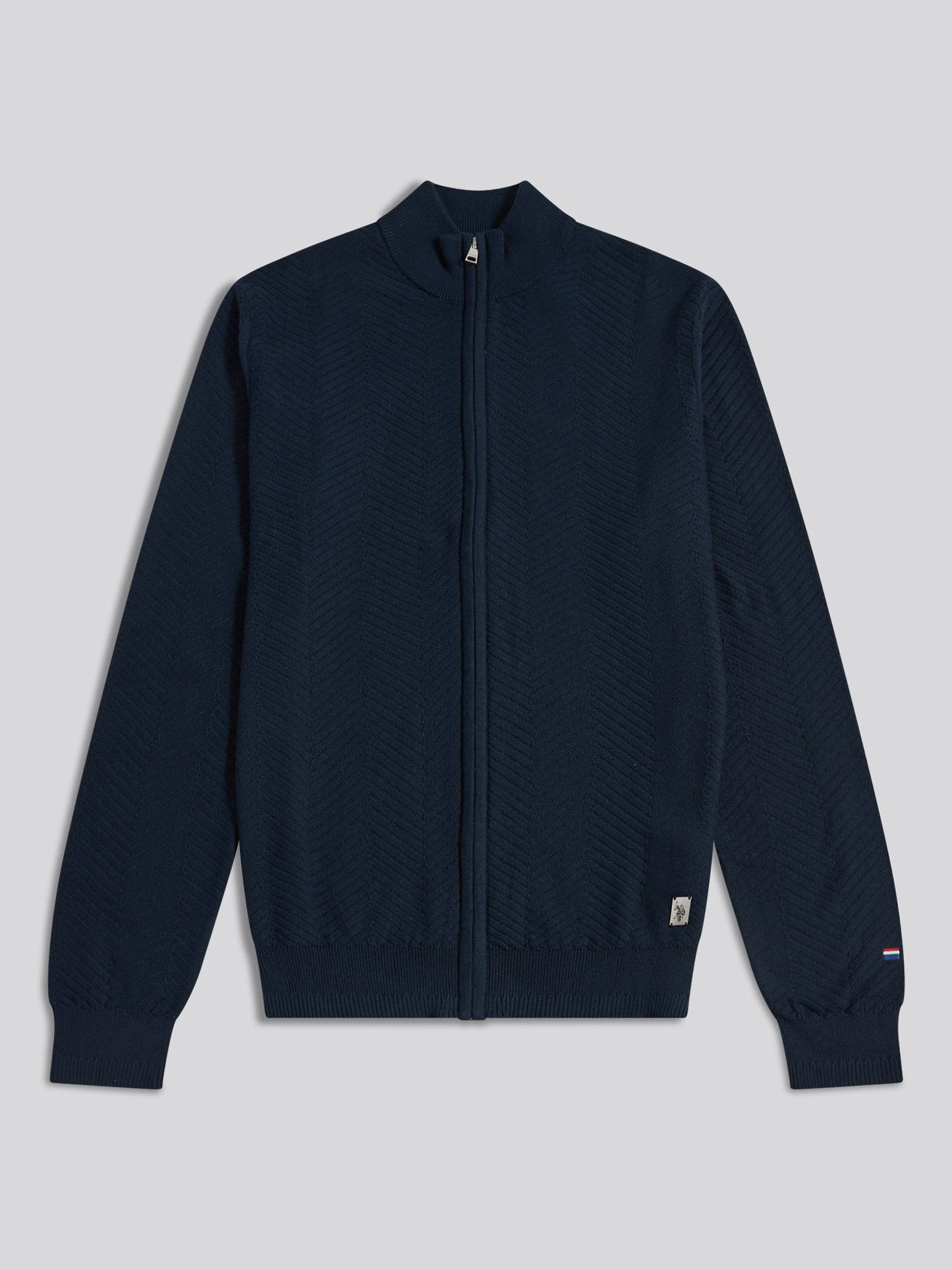 Mens Herringbone Full Zip Funnel Jumper Dark Sapphire Navy