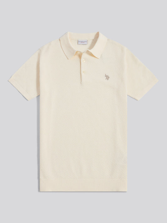 Mens Moss Stitch Knit Polo Shirt Whisper White