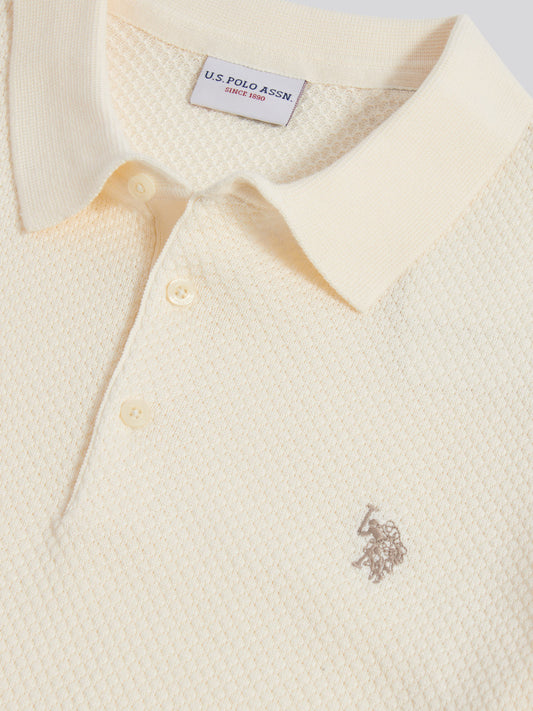 Mens Moss Stitch Knit Polo Shirt Whisper White