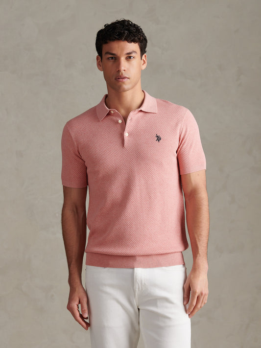 Mens Moss Stitch Knit Polo Shirt Mauveglow Marl