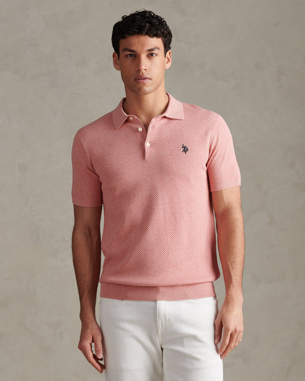 Mens Moss Stitch Knit Polo Shirt Mauveglow Marl