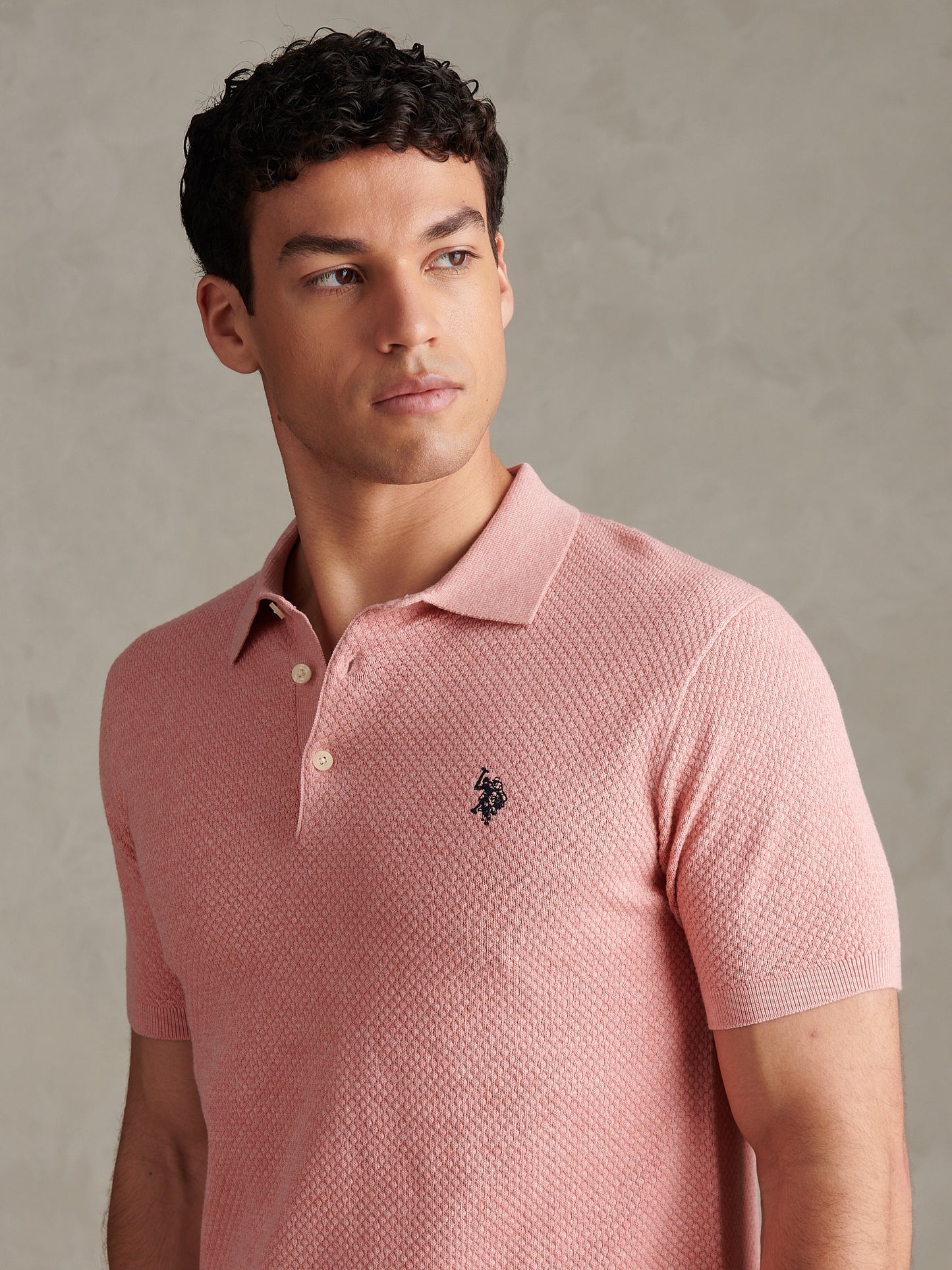 Mens Moss Stitch Knit Polo Shirt Mauveglow Marl