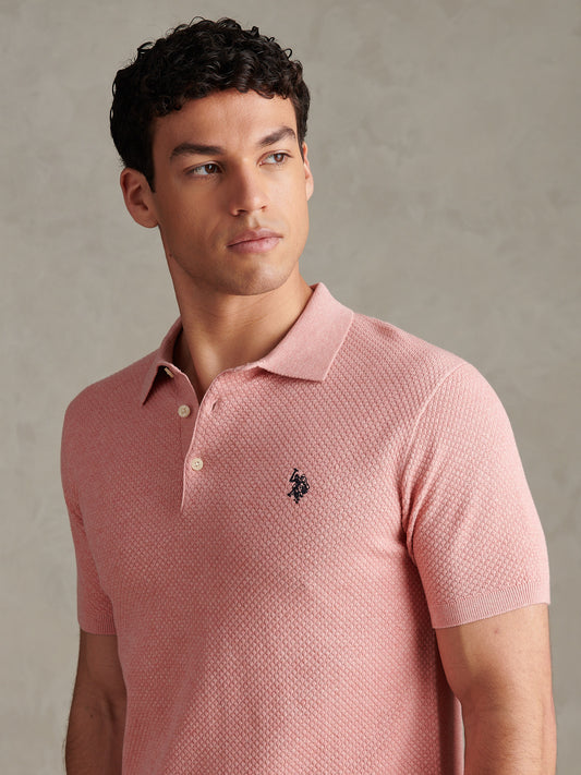 Mens Moss Stitch Knit Polo Shirt Mauveglow Marl