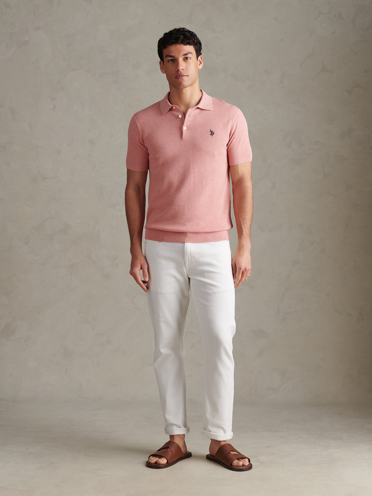 Mens Moss Stitch Knit Polo Shirt Mauveglow Marl