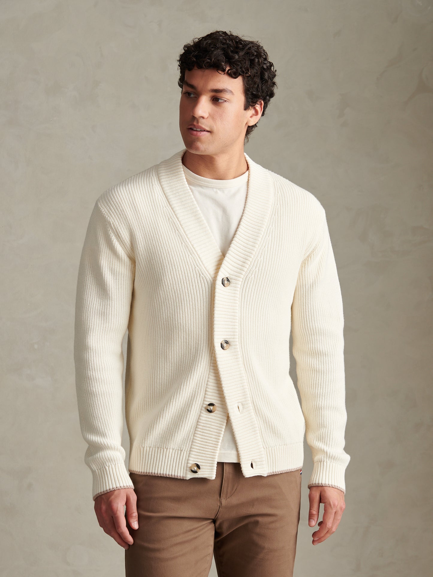 Mens Open Collar Knitted Cardigan Whisper White