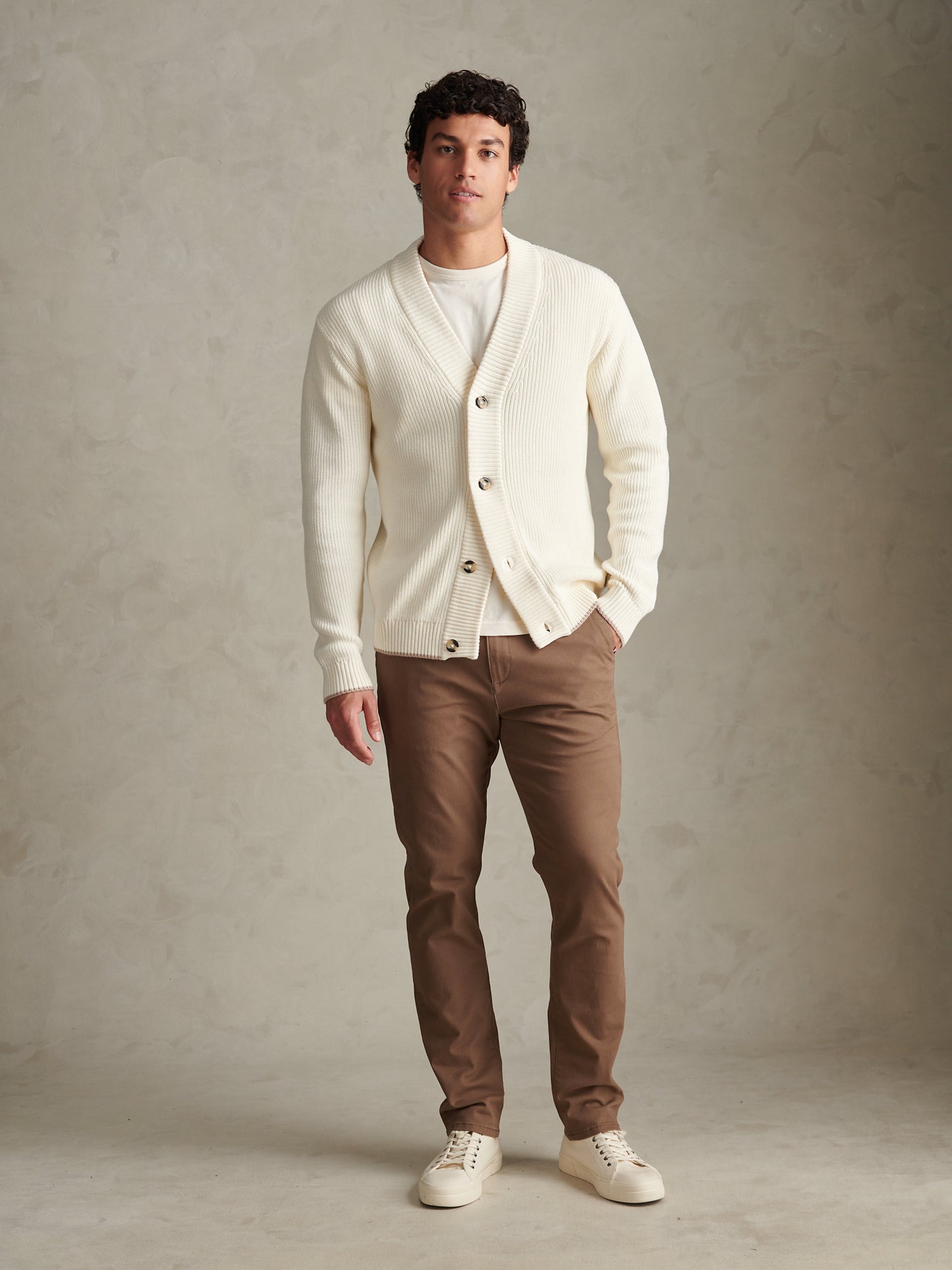 Mens Open Collar Knitted Cardigan Whisper White