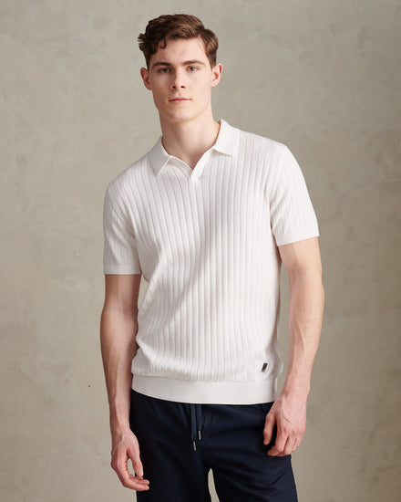 Mens Revere Collar Vertical Knit Polo Shirt Bright White