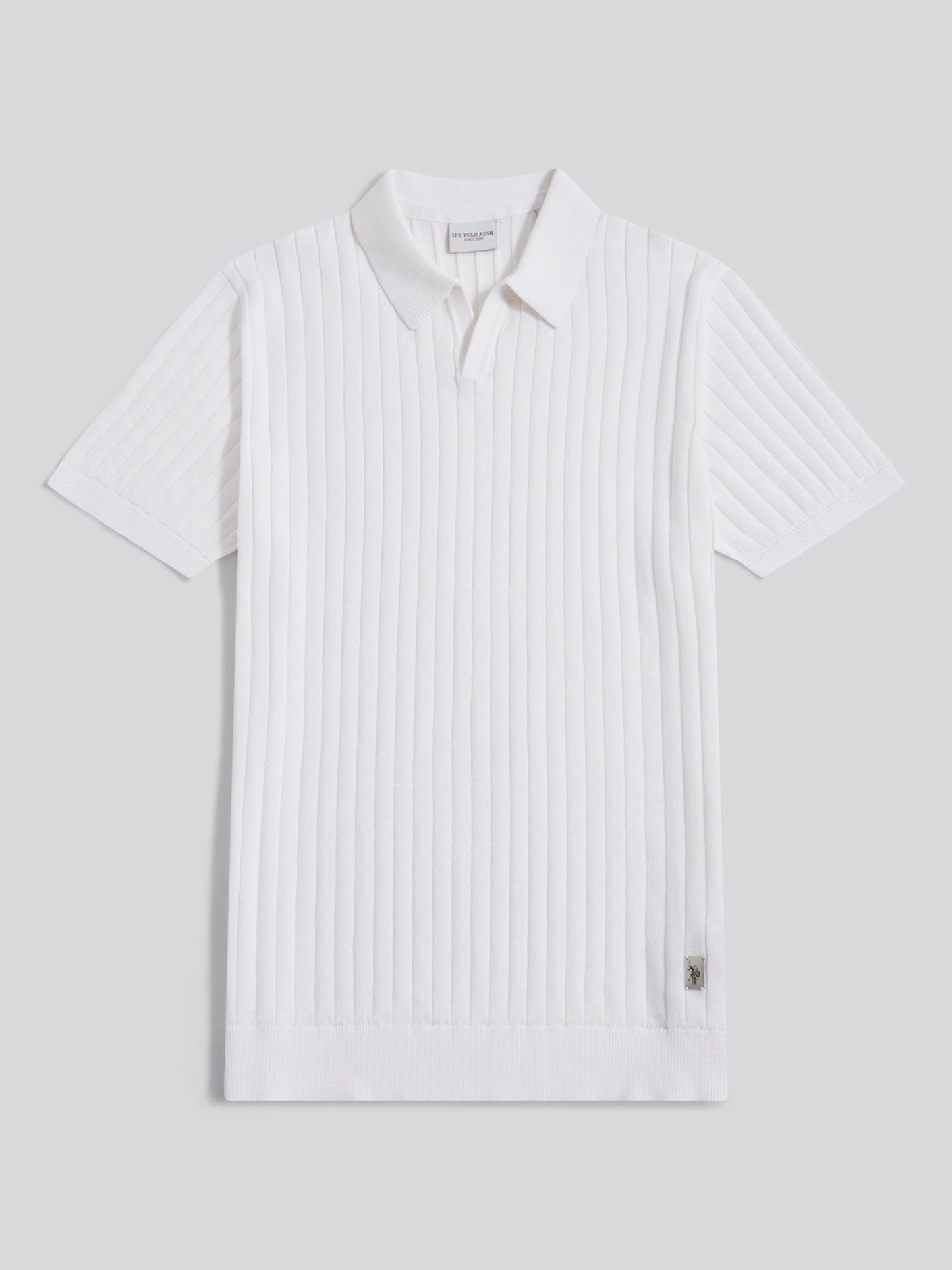 Mens Revere Collar Vertical Knit Polo Shirt Bright White