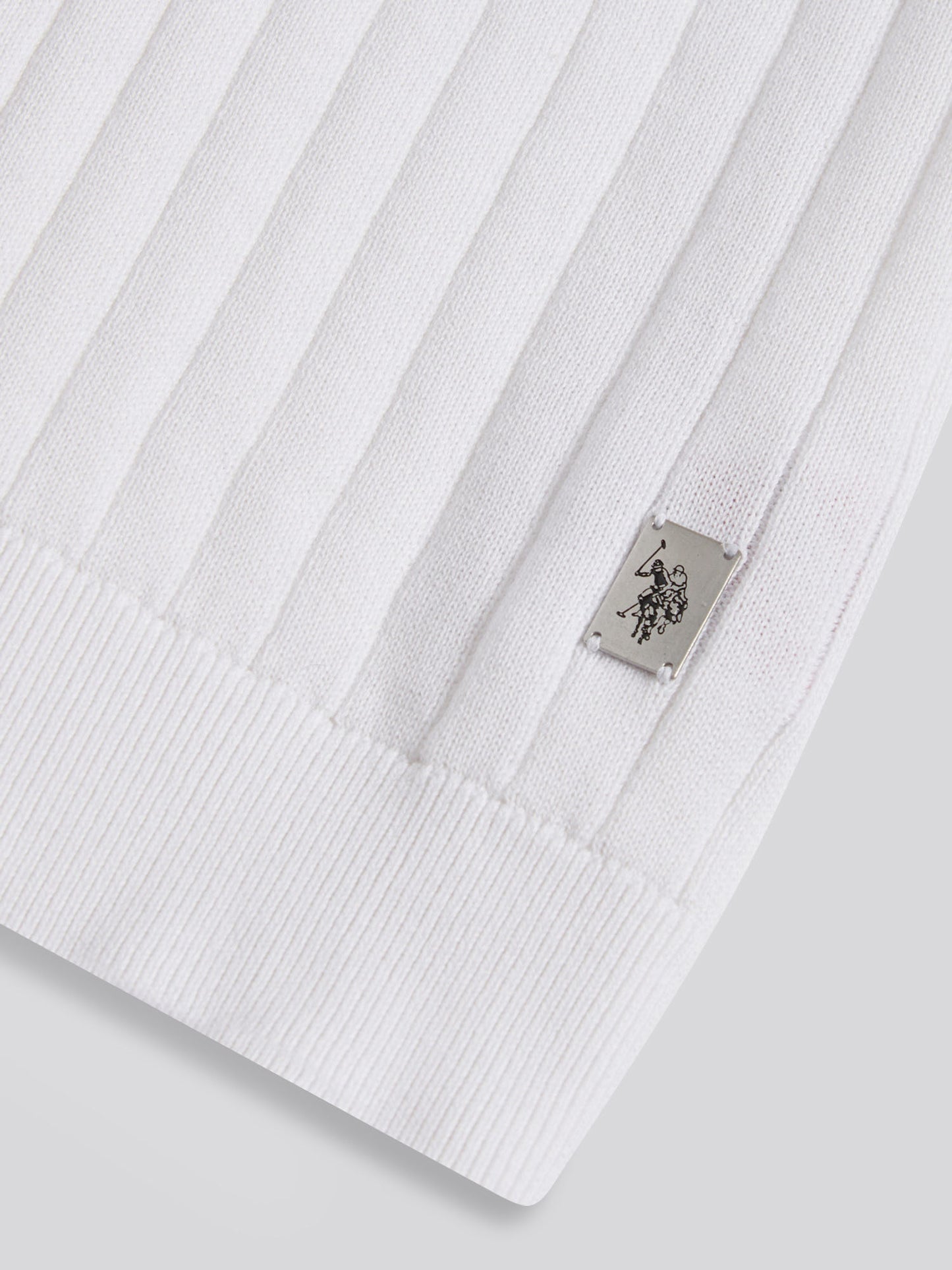 Mens Revere Collar Vertical Knit Polo Shirt Bright White