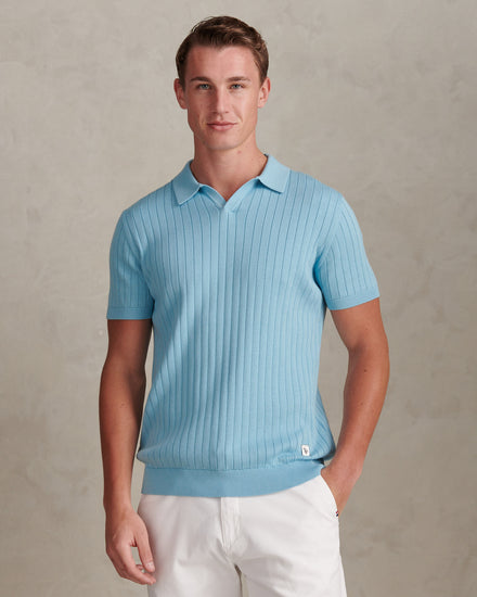 Mens Revere Collar Vertical Knit Polo Shirt Air Blue