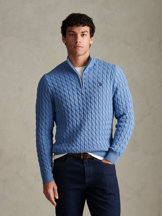 Mens Classic Cotton Cable Knit Quarter Zip Funnel Neck Jumper Ashleigh Blue