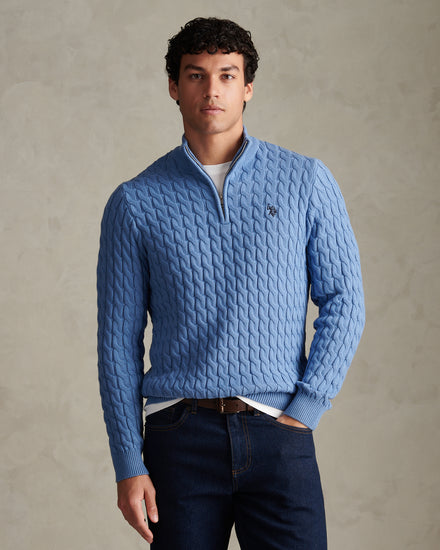 Mens Classic Cotton Cable Knit Quarter Zip Funnel Neck Jumper Ashleigh Blue