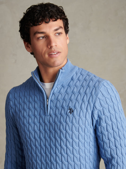 Mens Classic Cotton Cable Knit Quarter Zip Funnel Neck Jumper Ashleigh Blue