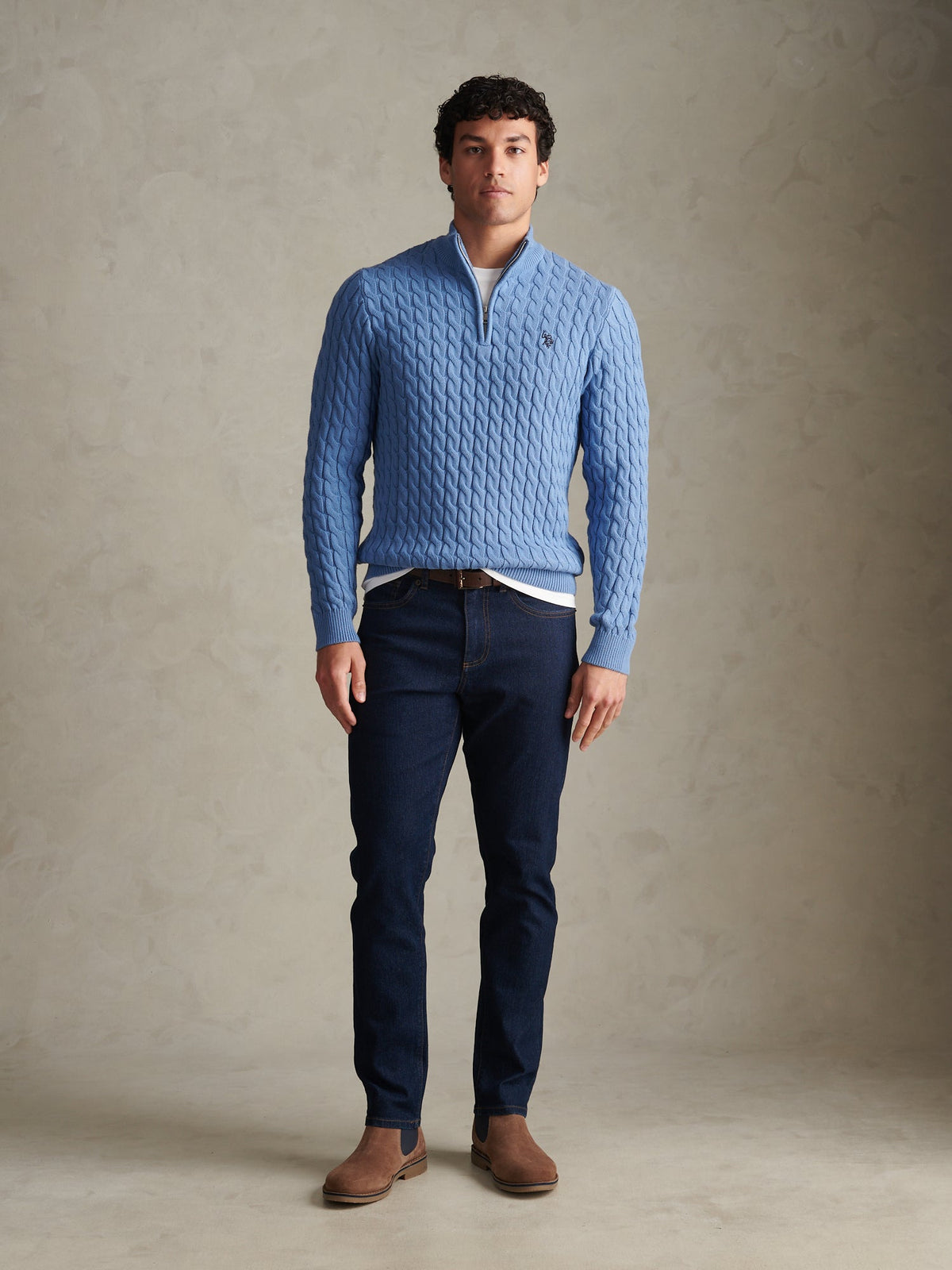 Mens Classic Cotton Cable Knit Quarter Zip Funnel Neck Jumper Ashleigh Blue