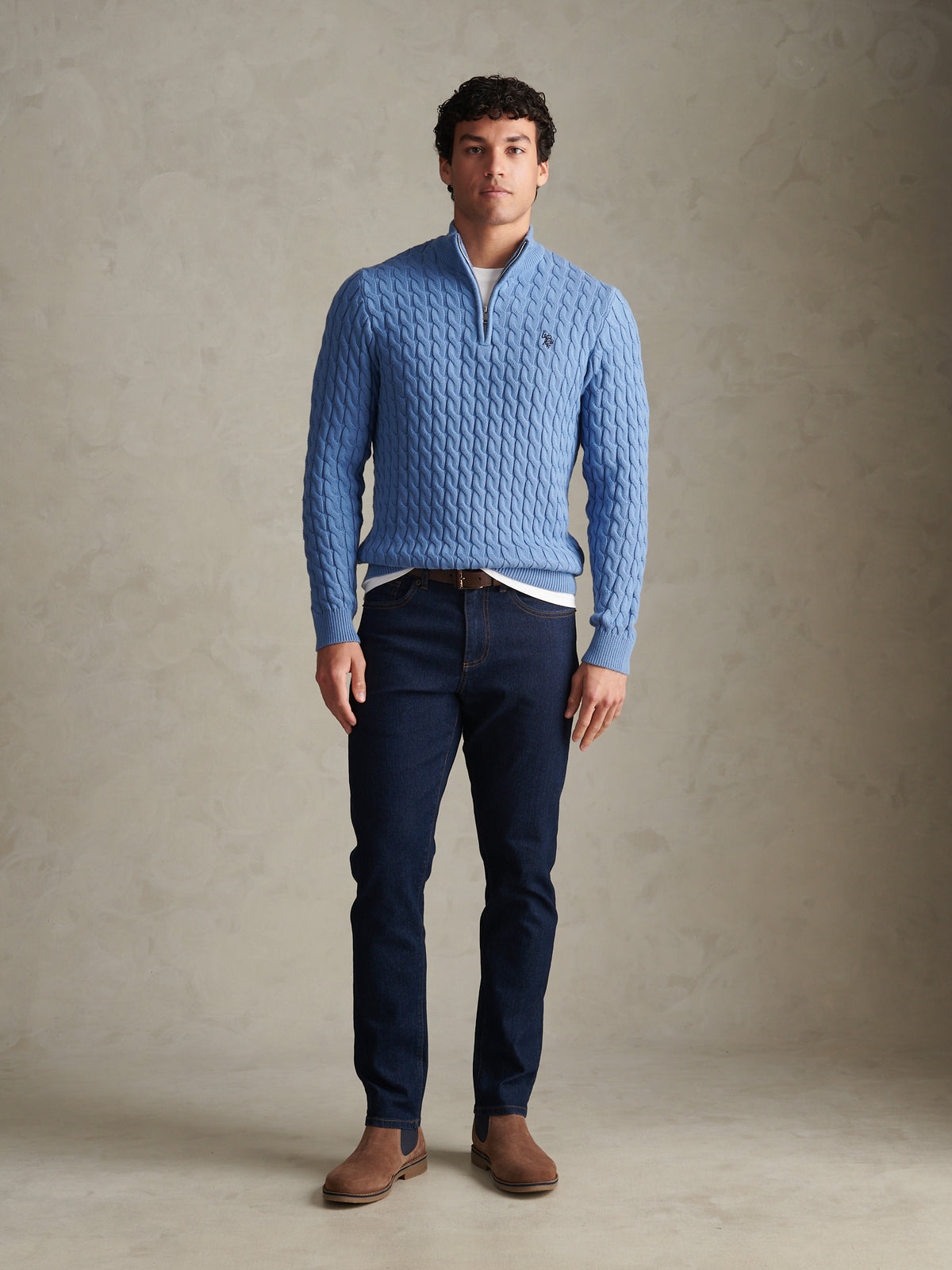 Mens Classic Cotton Cable Knit Quarter Zip Funnel Neck Jumper Ashleigh Blue