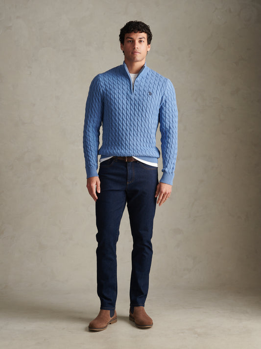 Mens Classic Cotton Cable Knit Quarter Zip Funnel Neck Jumper Ashleigh Blue