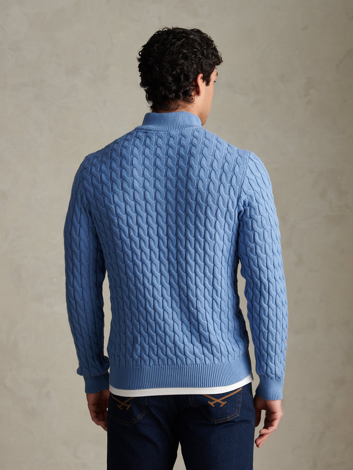 Mens Classic Cotton Cable Knit Quarter Zip Funnel Neck Jumper Ashleigh Blue
