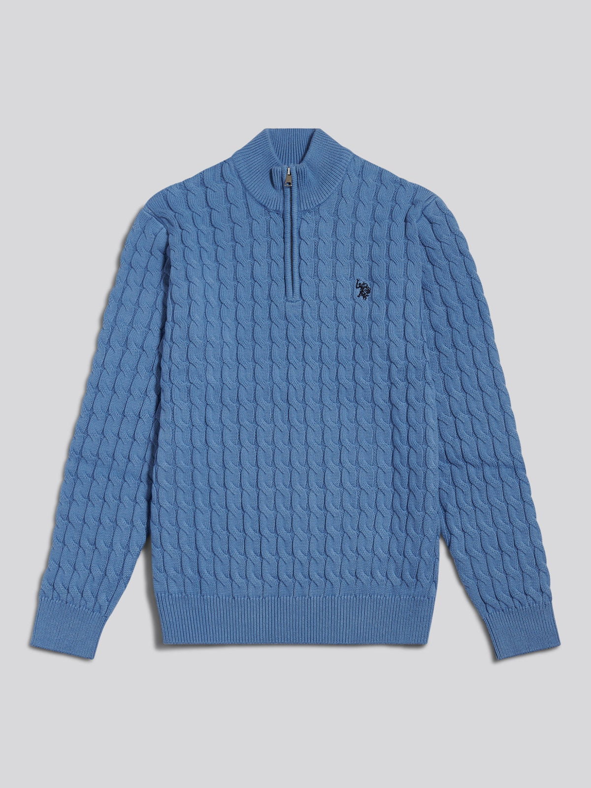 Mens Classic Cotton Cable Knit Quarter Zip Funnel Neck Jumper Ashleigh Blue