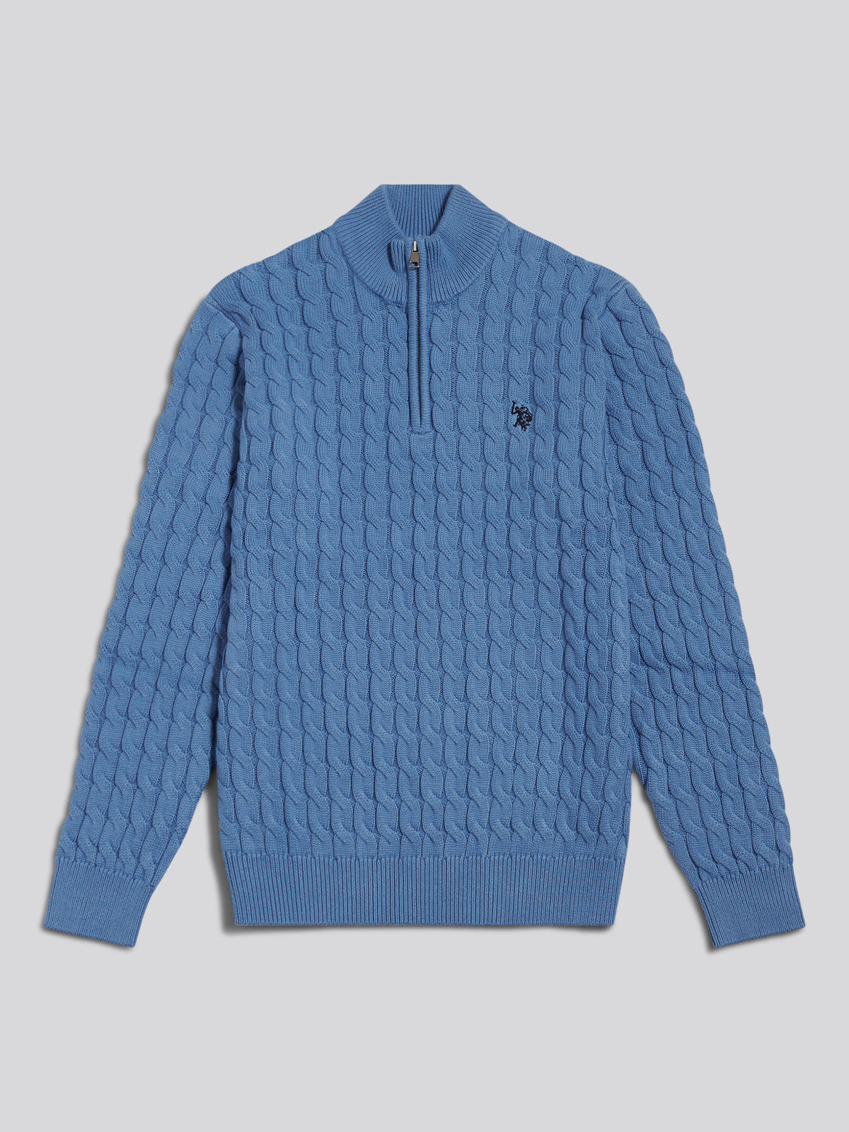 Mens Classic Cotton Cable Knit Quarter Zip Funnel Neck Jumper Ashleigh Blue