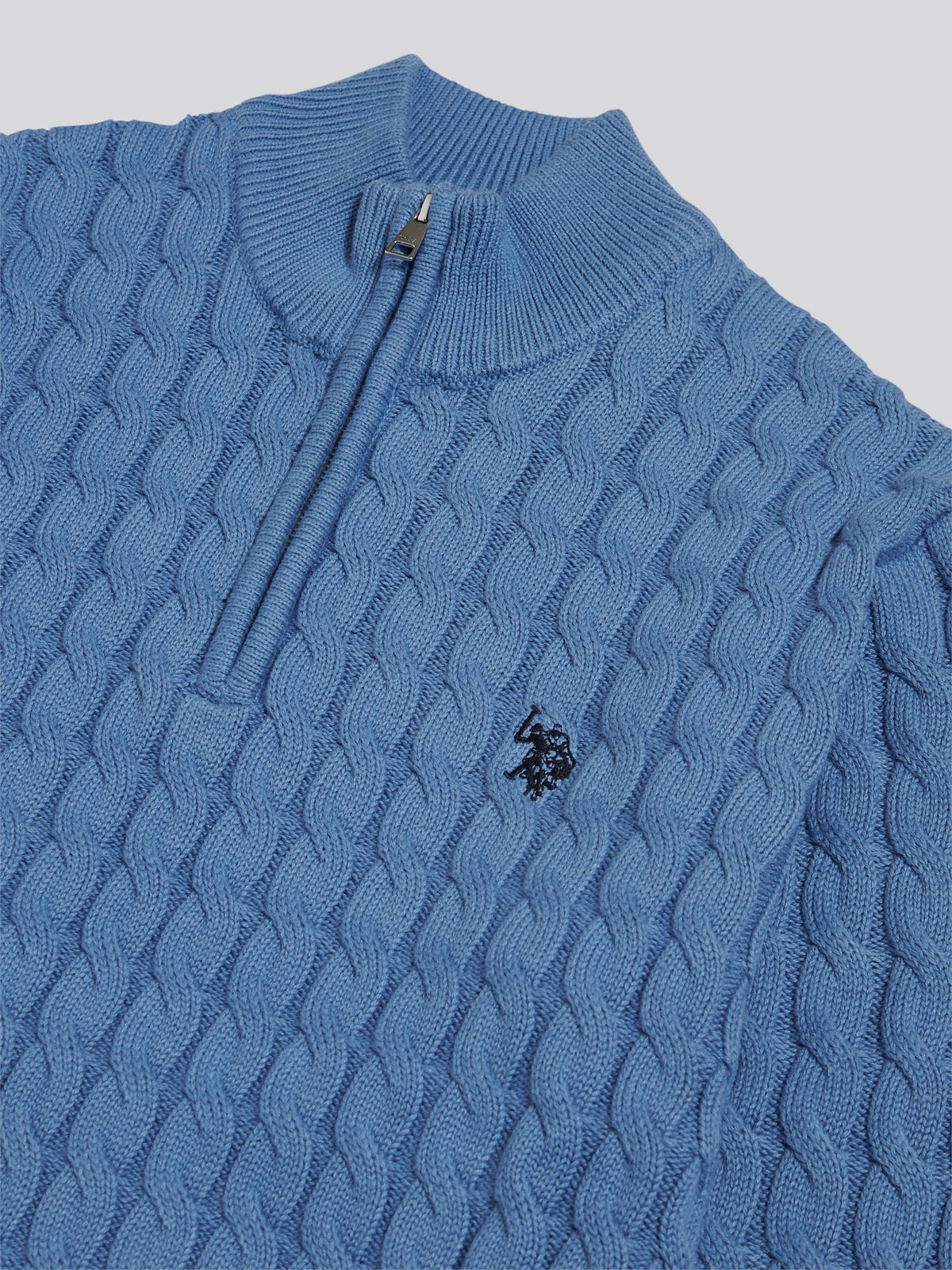 Mens Classic Cotton Cable Knit Quarter Zip Funnel Neck Jumper Ashleigh Blue