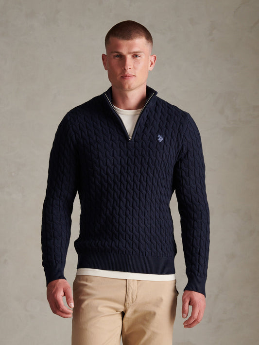 Mens Classic Cotton Cable Knit Quarter Zip Funnel Neck Jumper Dark Sapphire Navy / Moonlight Blue DHM