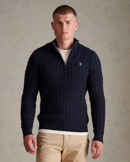 Mens Classic Cotton Cable Knit Quarter Zip Funnel Neck Jumper Dark Sapphire Navy / Moonlight Blue DHM