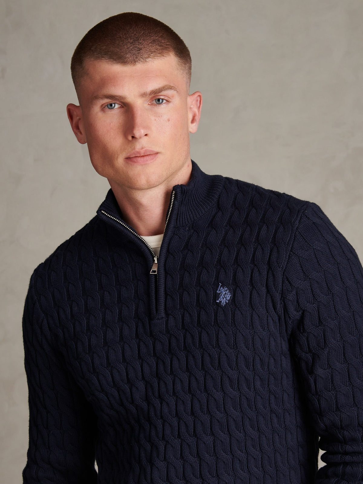 Mens Classic Cotton Cable Knit Quarter Zip Funnel Neck Jumper Dark Sapphire Navy / Moonlight Blue DHM